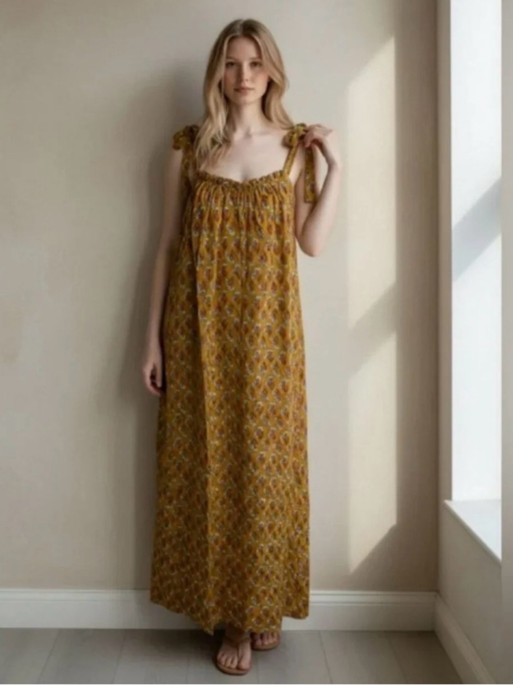 Ex Voto Mustard Floral Tie-Shoulder Maxi M/L Boho Coastal Summer Sundress chic